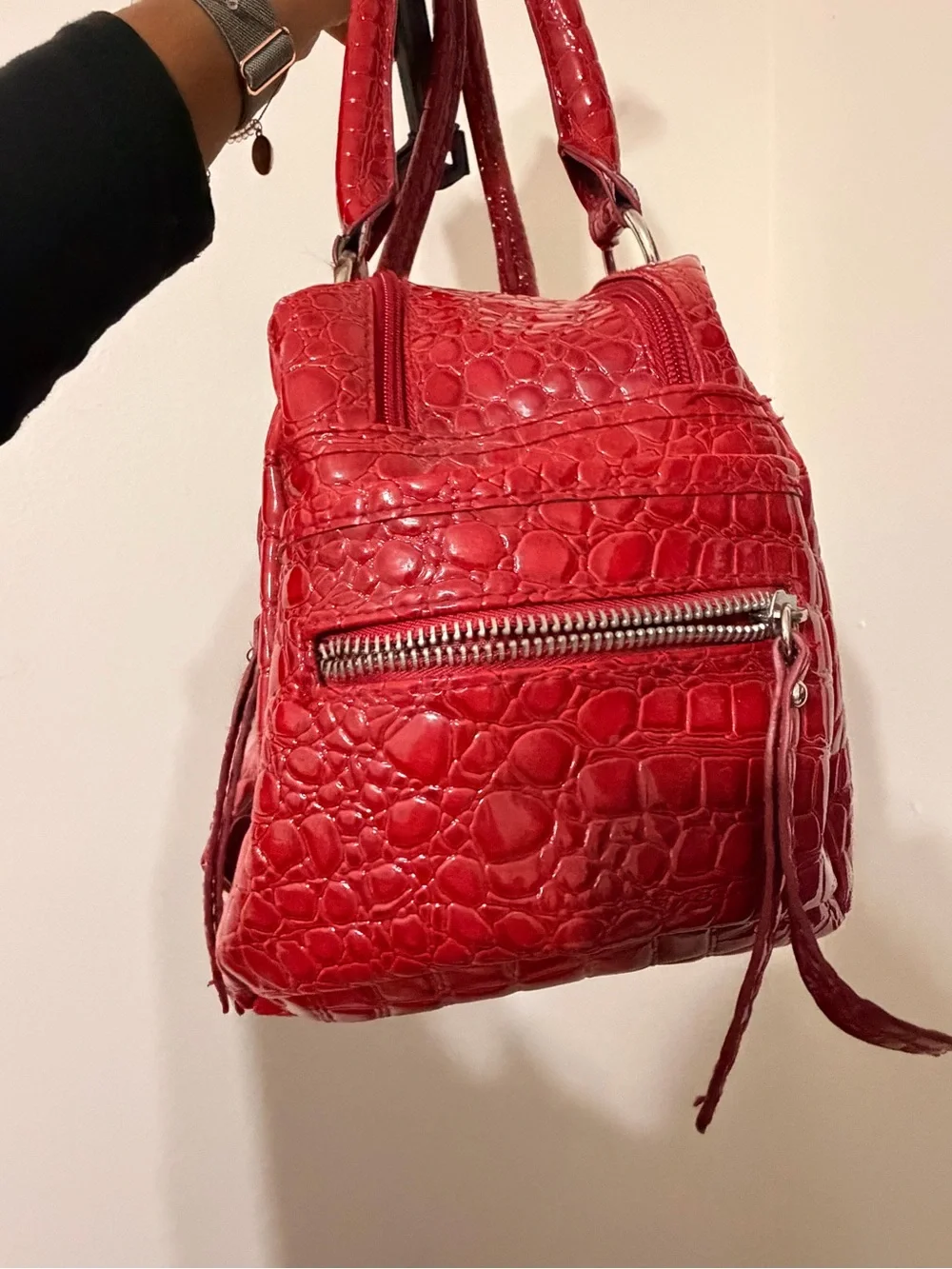 Bueno Red Croc-Embossed Double Pocket Shoulder Bag